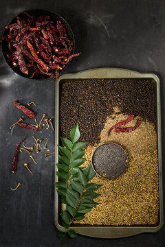 Raw rasam spices, overhead view