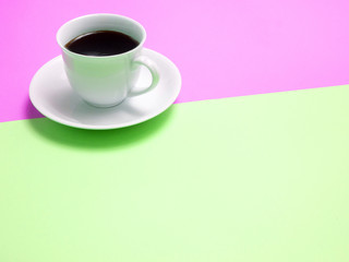 Obraz na płótnie Canvas Top view of colorful cup of coffee and glasses on color background for create idea for business or design .Relax coffee time (flat lay)