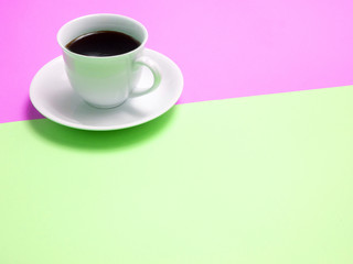 Top view of colorful cup of coffee and glasses  on color  background for create idea for business or design .Relax coffee time (flat lay)