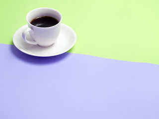 Top view of colorful cup of coffee and glasses  on color  background for create idea for business or design .Relax coffee time (flat lay)