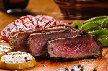 Juicy steak and grilled vegetables with spices