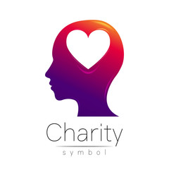 Vector illustration. Symbol of Charity. Sign head heart isolated on white background.Violet Icon company, web, card. Modern bright element. orphans Help kids campaign.Family children