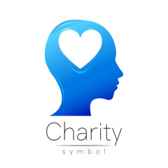 Vector illustration. Symbol of Charity. Sign head heart isolated on white background.Blue Icon company, web, card. Modern bright element. orphans Help kids campaign.Family children