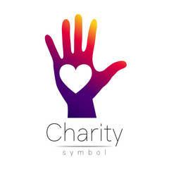 Fototapeta premium Vector illustration. Symbol of Charity. Sign hand heart isolated on white background.Violet Icon company, web, card. Modern bright element. orphans Help kids campaign.Family children