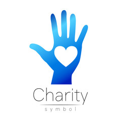 Vector illustration. Symbol of Charity. Sign hand heart isolated on white background.Blue Icon company, web, card. Modern bright element. orphans Help kids campaign. Family children