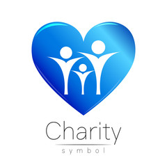 Vector illustration. Symbol of Charity.Sign people heart isolated on white background.Blue Icon company, web, card.Modern bright element. orphans Help kids campaign.Family
