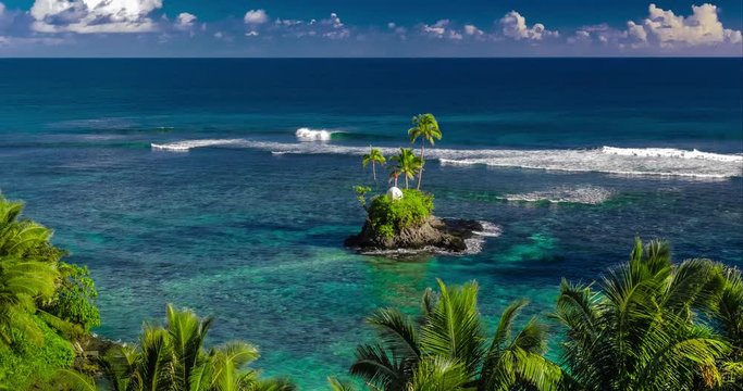 Tropical beach on Samoa Island with palm trees