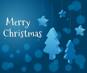 Merry Christmas tree and stars bokeh effect background blue and white postcard christmas holiday