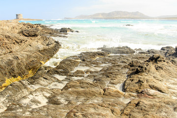 Stintino, in Sardegna mare e cielo, acqua e rocce, acqua limpida, sole sull'isola.