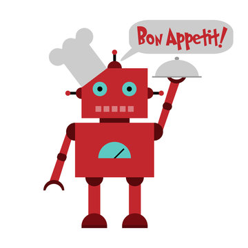 Vector illustration of a toy Robot in toque with plate and text Bon Appetit!