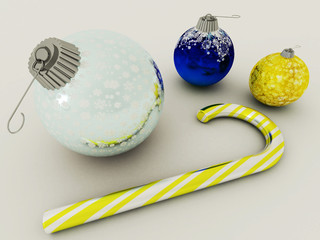 3D render of blue and gold holiday decoration baubles with glass