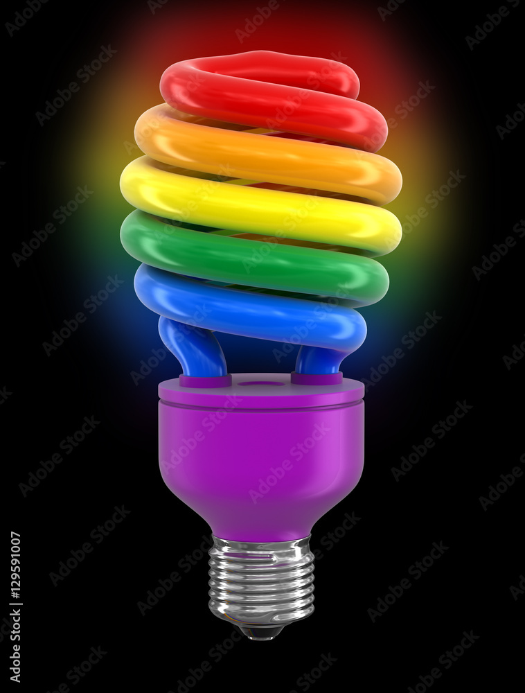 Poster multicolor energy saving light bulb. image with clipping path