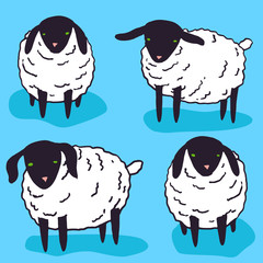 Vector kawaii baby sheep illustration set, farm animals sketch. Hand drawn minimalistic ink drawing with group of baby lamb.