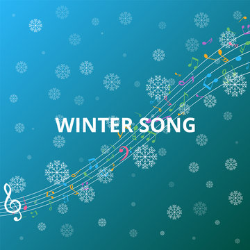 Abstract Background with Colorful Music notes on stave and snowflakes. Vector Illustration.