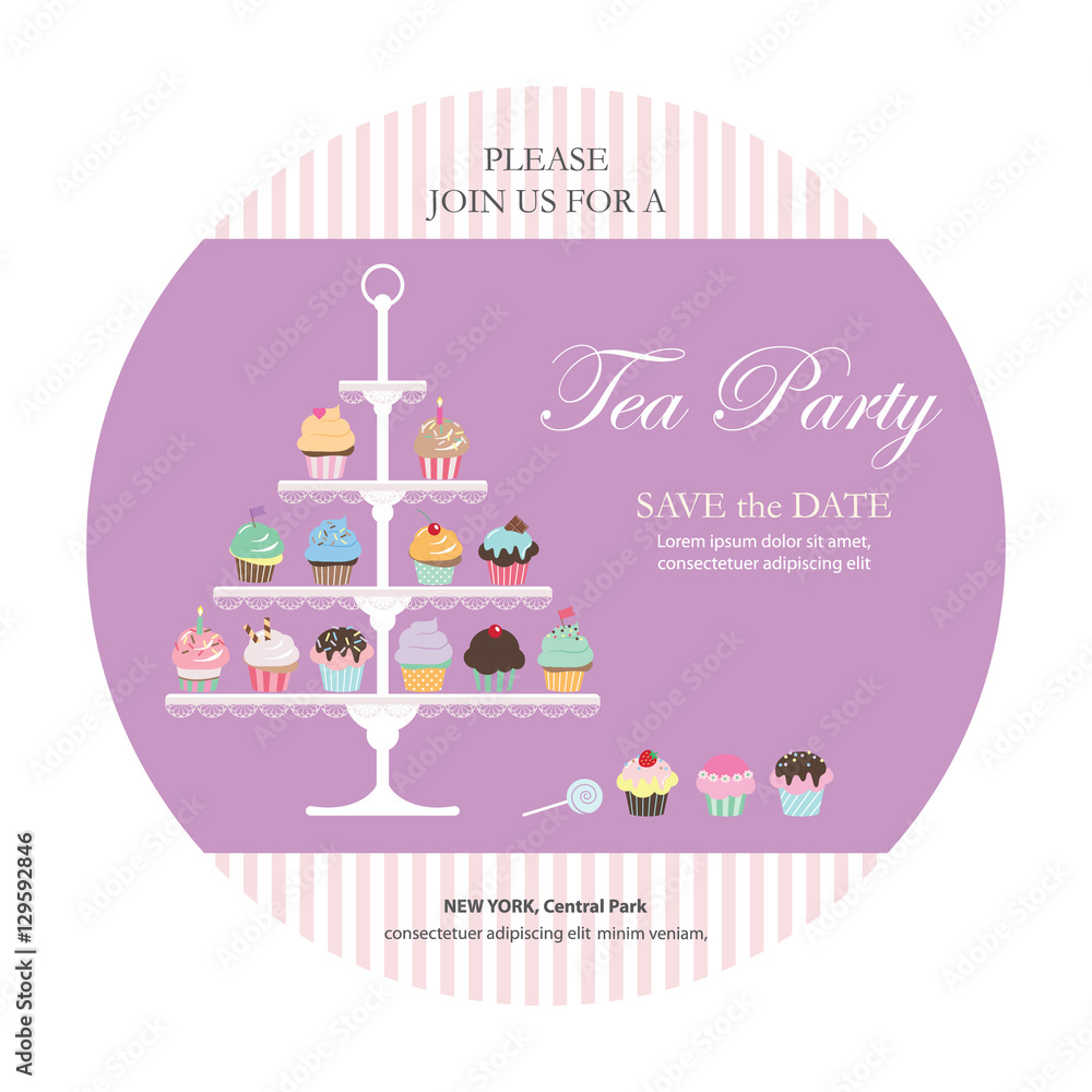 Wall mural invitation card with cupcakes stand.