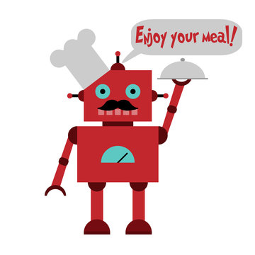 Vector illustration of a toy Robot in toque with mustache, plate and text Enjoy your meal!