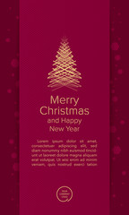 Merry Christmas greetings card with snowflakes, dark red background and golden geometric Christmas tree