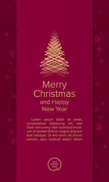 Merry Christmas greetings card with snowflakes, dark red background and golden geometric Christmas tree