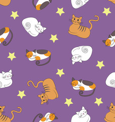 Seamless pattern with funny sleeping cats and stars on the violet background