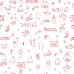 Fototapeta premium Merry Christmas and happy New Year. Hand drawn vintage style. Postcard, printed matter, greeting card. Seamless pattern. Flat design vector illustration.