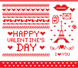 Pattern pixel. Set of knitting design elements. Happy Valentine's Day. Knitted seamless border birds
