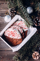 Homemade christmas chocolate cookies in gift whitevbox. Sweet present. Christmas baking with festive decoration