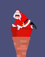 Santa Claus in chimney. Santa bag stuck in chimney. Big red sack