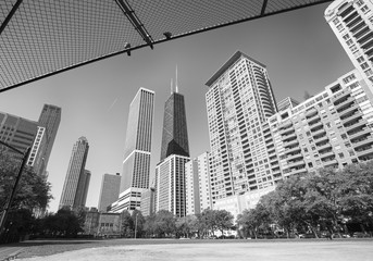 Black and white photo of Chicago city downtown, USA.