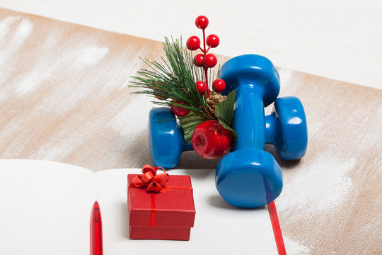 Christmas sport composition with dumbbells, notebook, berries an