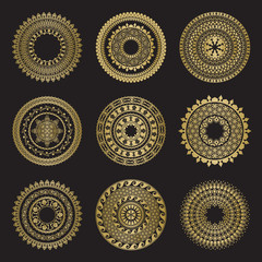 Gold color round abstract ethnic ornament mandalas - 129596860