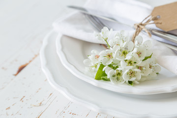 Obraz na płótnie Canvas Spring table setting with white flowers