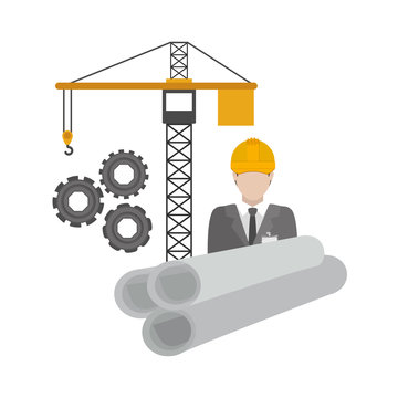 Crane and architect icon. Construction tool repair work and restoration theme. Isolated design. Vector illustration