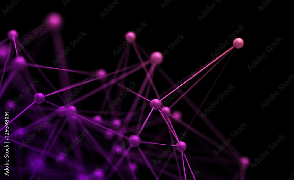 Poster abstract 3d rendering of chaotic structure. plexus background with lines and spheres in empty space.