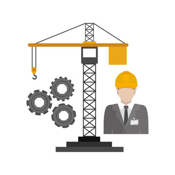 Crane and architect icon. Construction tool repair work and restoration theme. Isolated design. Vector illustration