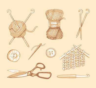Tools and materials for knitting. Vector sketch