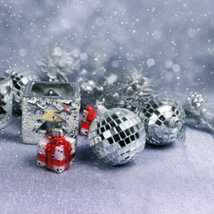 Christmas decorations and snow. Winter holidays concept 