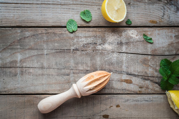 Wooden Table with Fresh Lemon and Mint Leaves - Drink Menu Background
