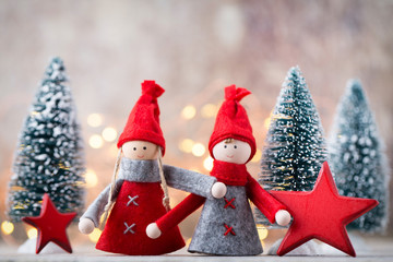 Christmas greeting card. Gnome festive background. New year symb