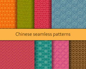 Traditional Chinese seamless patterns set. Detailed decorative motifs. Vector illustration.