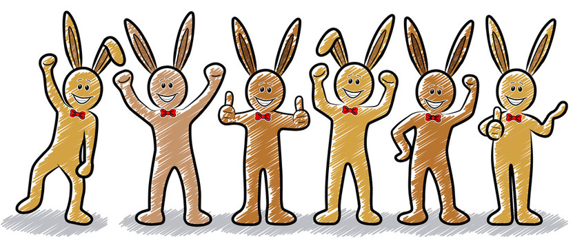 Gruppe aus sechs lustigen Osterhasen mit roten Schleifen / gezeichnet, Zeichnung, schraffiert, Design, Vektor, freigestellt  