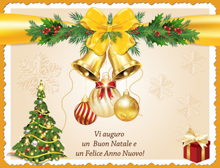 Fototapeta na wymiar Vi auguro un Buon Natale e un Felice Anno Nuovo! - Italian season's greeting for winter holidays (We wish you Merry Christmas and Happy New Year!) - printable greeting card with Christmas tree.