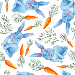 Seamless watercolor pattern with adorable and bright bunny and carrots. Children illustration 