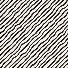 Vector Seamless Black and White Hand Drawn Diagonal Wavy Lines Pattern