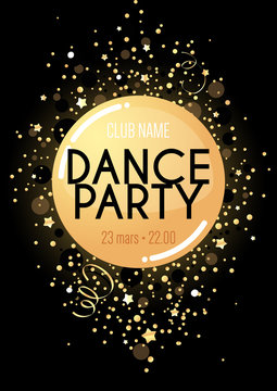 Vertical black music party background with golden graphic elements and place for text.  