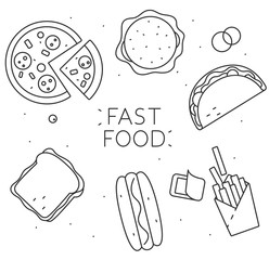 Fast food linear poster. junk food, thin line design. pizza, burger, taco, sandwich, hot dog, french fries. isolated vector illustration.