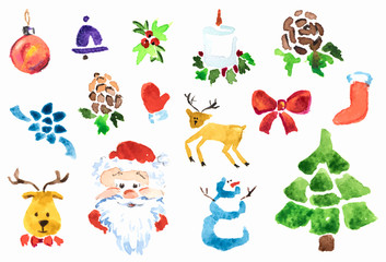 Set of Christmas illustration for decor. Vector watercolor technique