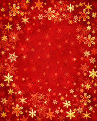 Snowflakes on Red. Golden snowflakes on a textured red background.