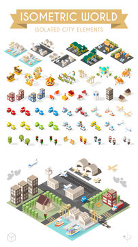 Isometric World. Set of Isolated Minimal City Elements. Town with Shadows on White Background.