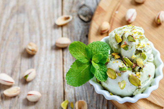 Pistachio ice cream with crunchy nuts and mint.