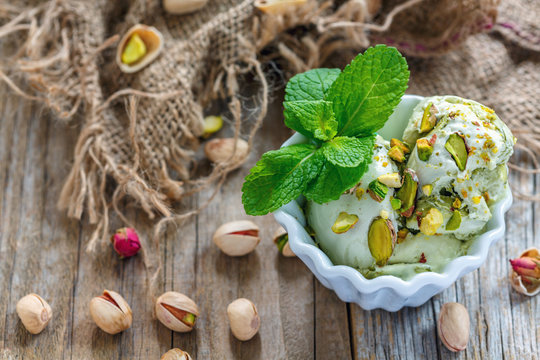 Delicate homemade ice cream with pistachios.